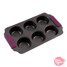 MOULE EN ACIER POUR 6 CUPCAKES AVEC POIGNES EN SILICONE